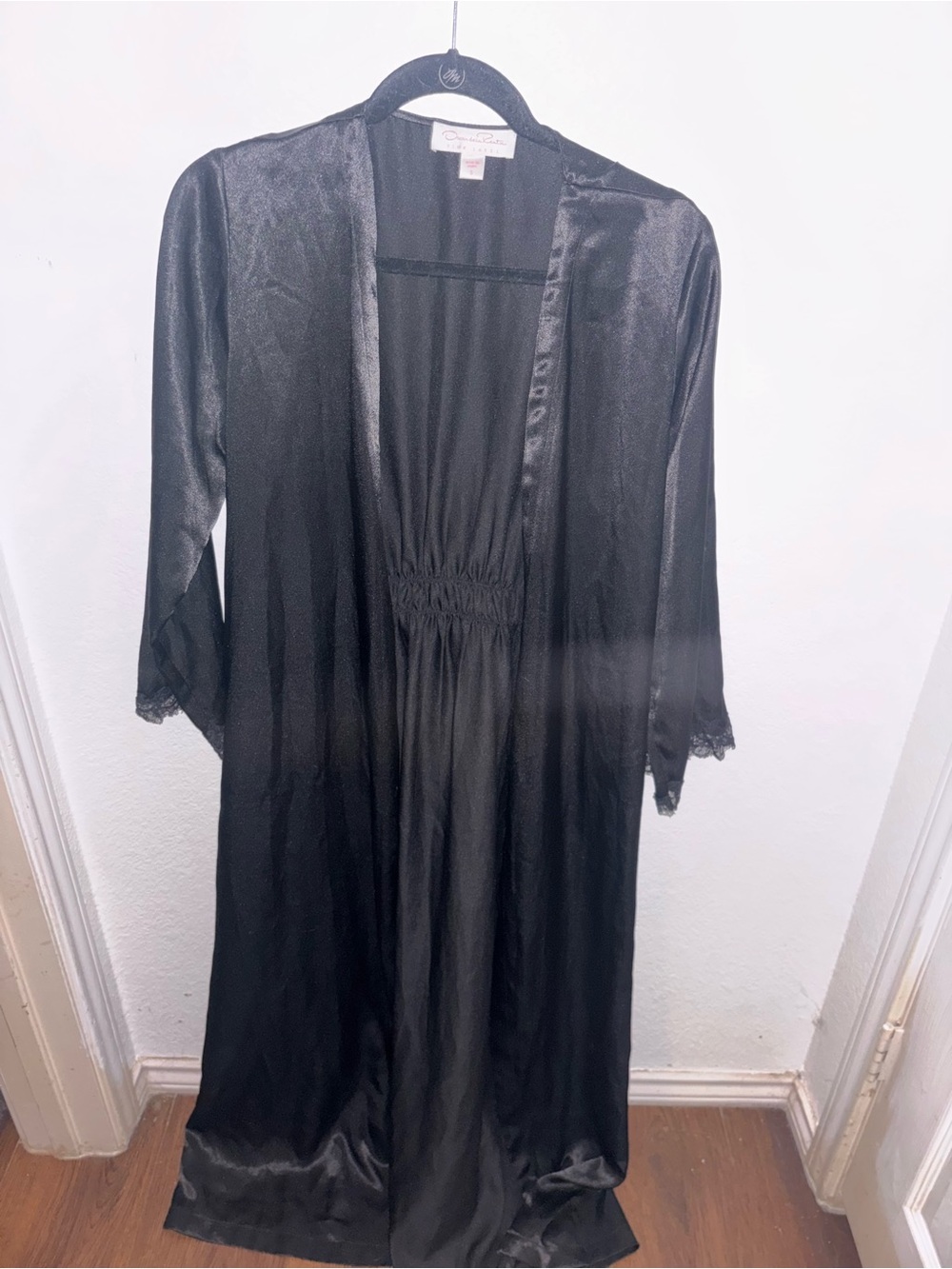 Vintage Oscar De La Renta Black Satin & Lace Long Robe - Women Intimates